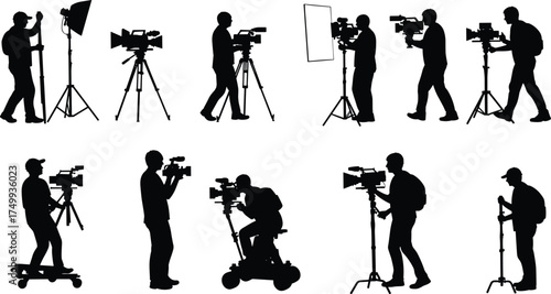 Cameraman and videographer silhouette vector set using tripods, stabilizers, lights, and cameras for professional film production, vlogging, cinematography, documentary, and media studio illustration