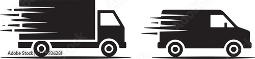 Two delivery trucks in motion, one large box truck, one van, black icons moving truck cargo van