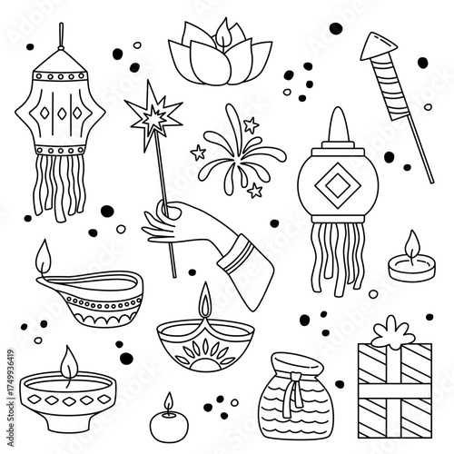 Diwali, the traditional Indian festival of lights. Set line holiday decor items. Vector cartoon flat illustration.