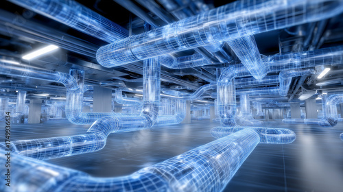 Hyper-detailed architectural blueprint of an air duct network, 3D vector rendering showing flow paths, junctions, and HVAC components for planning purposes