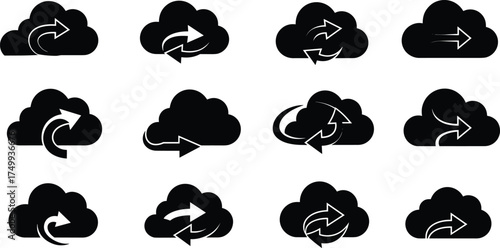 Cloud synchronization and refresh arrow icon set silhouette vector for data update, online connection, system backup, and digital network technology concept