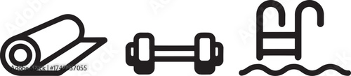 Yoga mat dumbbell and swimming pool ladder icons on white background rolled up exercise