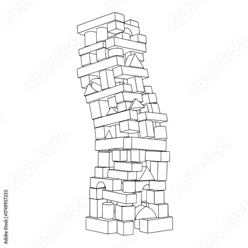 Precarious tower of wooden blocks, a metaphor for risk, balance, and instability, perfect for illustrating business challenges and strategic decisions