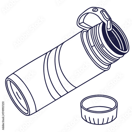 A clean line art illustration of an open reusable water bottle with its cap removed showcasing its internal threads and a convenient carrying loop