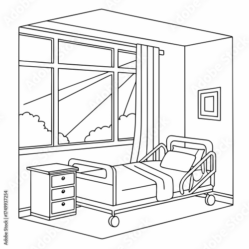 A clean and simple line drawing illustration of a hospital room with a bed nightstand and a large window showing a sunny sky and clouds outside