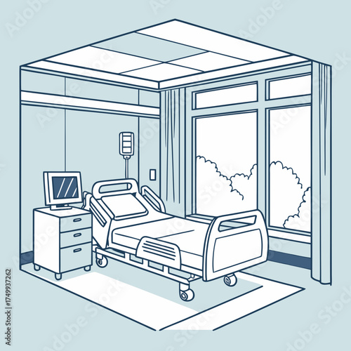 A clean and modern hospital room interior featuring an adjustable patient bed a bedside table with a computer monitor an iv pole and a large window with curtains overlooking trees and nature outside
