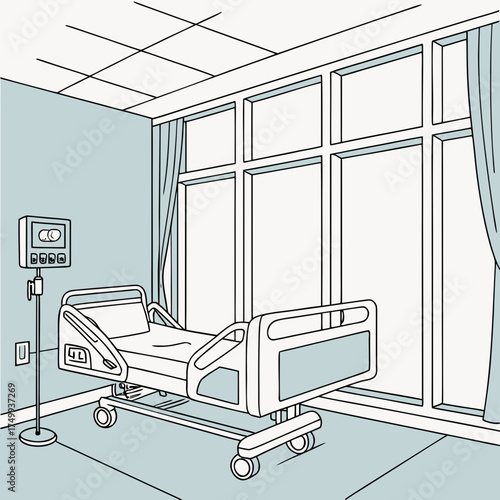 A clean and modern hospital room interior featuring a medical bed with adjustable features and an iv stand beside a large window with light blue curtains and a tiled ceiling