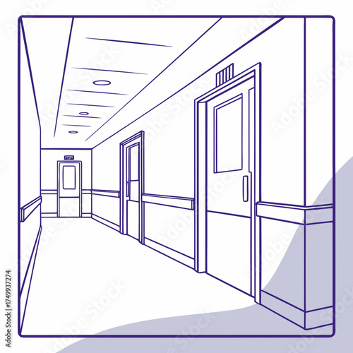 A clean and minimalist purple line art illustration of a long empty hallway with multiple doors and ceiling lights evoking a sense of quiet and isolation