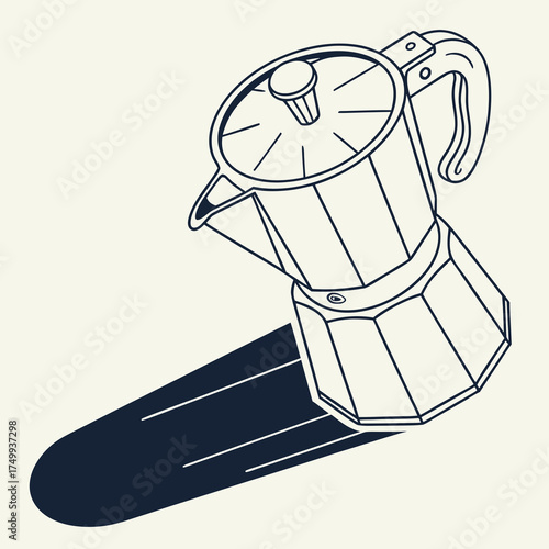 A minimalist line art illustration of a classic italian moka pot coffee maker with a bold dark shadow cast on a light cream background