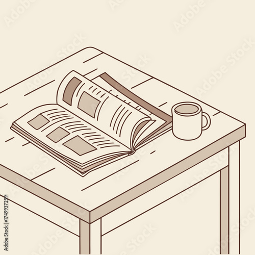 A cozy isometric illustration of an open book or magazine with images and text next to a warm mug of coffee or tea on a wooden table