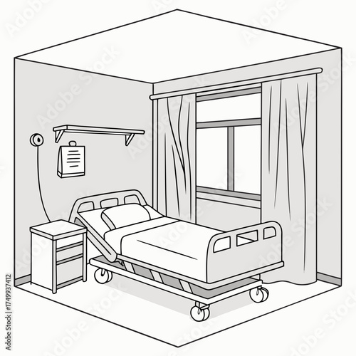 A sterile empty hospital room with a medical bed bedside table and window with curtains depicted in a clean minimalist isometric line art illustration