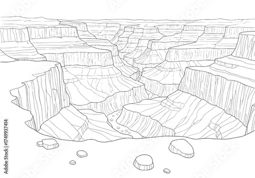 Stunning line art illustration of Grand Canyon with winding river, perfect for adventure travel brochures, educational materials, or creative design projects today