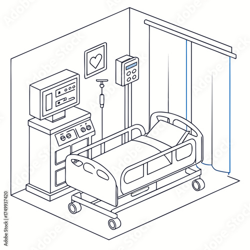Isometric line art illustration of a hospital room with a medical bed vital signs monitor iv drip and a heart shaped picture on the wall representing healthcare and medical care