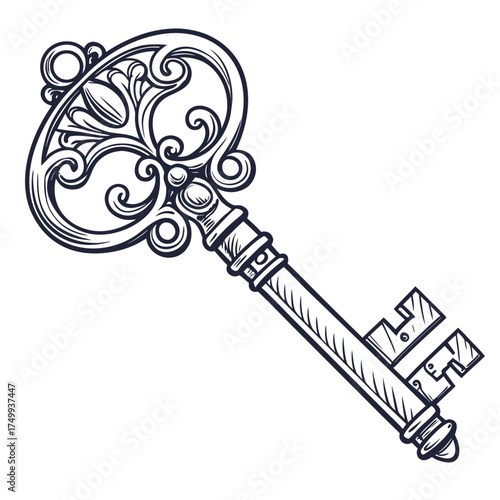 Ornate antique skeleton key with intricate swirling decorative patterns and a vintage filigree design isolated on a white background symbolizing access and mystery
