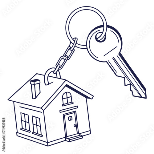 A simple line drawing of a house shaped keychain attached to a single key with a ring and chain on a white background symbolizing home ownership and real estate
