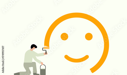Man painting happy emoticon, illustration showcasing optimism
