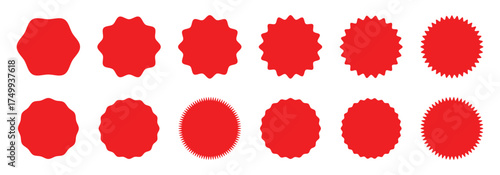 Red sticker set - collection of special offer sale round and oval sunburst labels. Red shapes and starburst designs. starburst, sunburst, stamp, seal, label or burst, badge, sticker. Vector EPS10.
