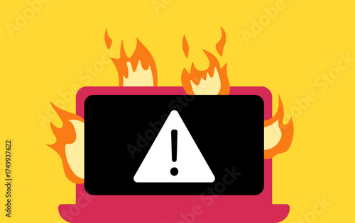 Laptop fire burning and display screen showing alert sign illustration