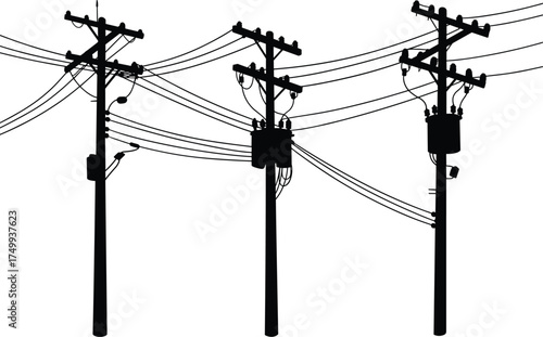 Silhouette of utility poles with transformers, crossarms, insulators, power lines, electricity distribution, urban infrastructure, industrial landscape, high voltage grid
