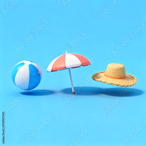 3d vector icons of balls umbrellas and a straw hat on a blue background