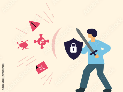 Man with shield protecting from malware and ransomware illustration