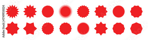 Red sticker set - collection of special offer sale round and oval sunburst labels. Red shapes and starburst designs. starburst, sunburst, stamp, seal, label or burst, badge, sticker. Vector EPS10.