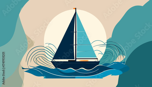 Sailboat on ocean with sun and waves