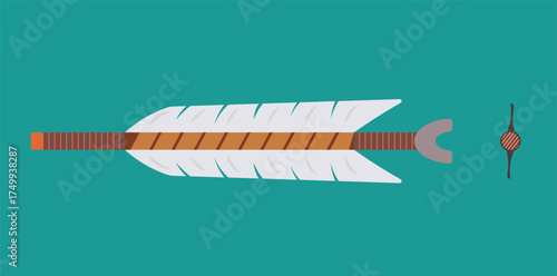 Stylized Spear With Feathers and Long Shaft On Teal Background, Abstract Weapon Illustration