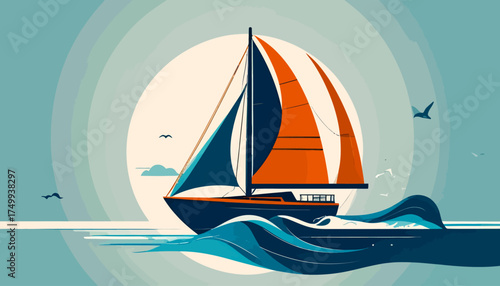 Sailing boat on ocean with sun and seagulls