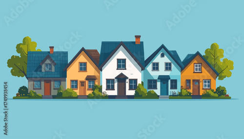 Colorful suburban houses row with greenery
