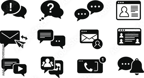 Communication and social media icon set with chat bubble, email, message, profile, call, and notification symbols for online interaction and digital connection