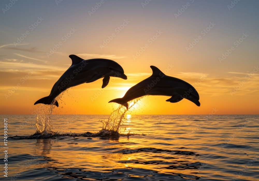 Fototapeta premium Two Dolphins Jumping Over the Ocean at Sunset