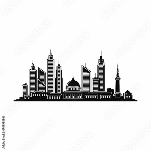 Modern city skyline features tall skyscrapers and urban architecture. Silhouette city skyline with buildings and modern structures, domes, and highrises, evoking urban development and design.