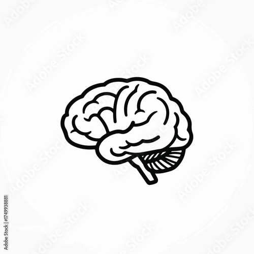 Simple brain icon in black and white, brain symbol representing intelligence, memory, and mental processes. Brain icon graphic element can serve as brain symbol in medical contexts, education,