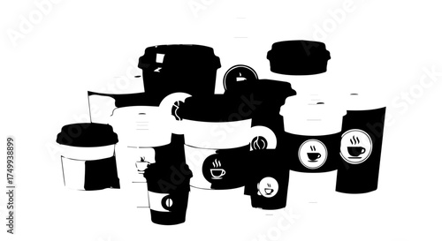 Assortment of Coffee Cups and Lids in Black and White Silhouette.