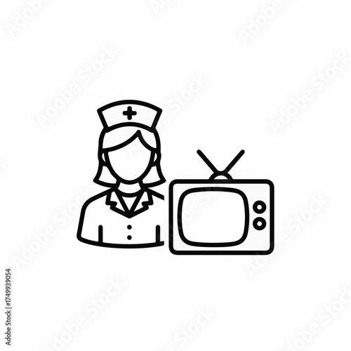 Nurse with television shows minimal line icon, representing medical care and entertainment in seamless integration. Icon shows nurse providing care, enhancing patient comfort,