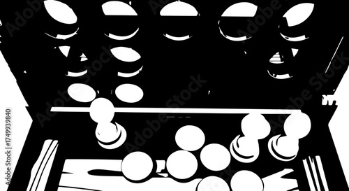 Abstract Black and White Foosball Table Silhouette with Balls and Rods.