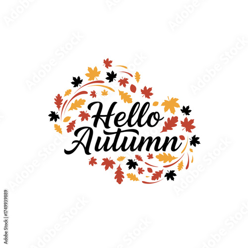Vector art of hello autumn text surrounded by colorful falling leaves