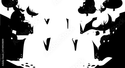 Abstract Black and White Forest Scene with Silhouetted Trees and Foliage.