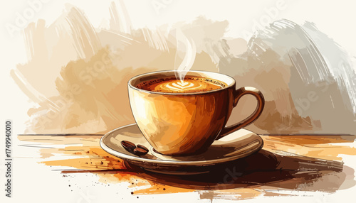 Warm coffee cup on saucer with coffee beans