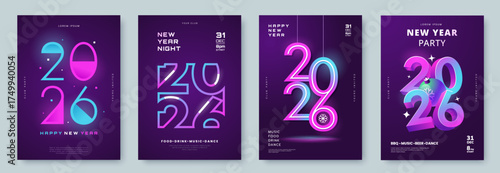 Futuristic posters for New Year 2026 celebration in neon colors. Vibrant gradient numbers 2026 on dark background. Modern glowing typography design for party invitation, club event, holiday greeting.