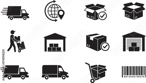 Delivery and logistics silhouette vector set showing truck, warehouse, parcel, barcode, courier, global shipping, and box icon for transport and distribution design
