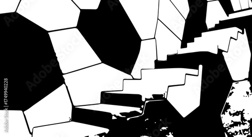 Abstract Black and White Geometric Staircase with Irregular Polygon Shapes.