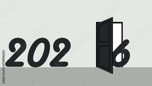 Modern best happy new year 2026 design with gray wall, dark floor, and black open concept where number six peeks out. elegant 3d minimal background perfect for festive cards, posters, and graphics.
