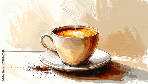 Steaming coffee cup on saucer with latte art