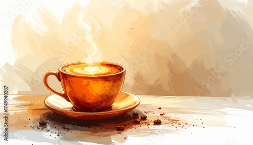 Warm coffee cup with steam on wooden table