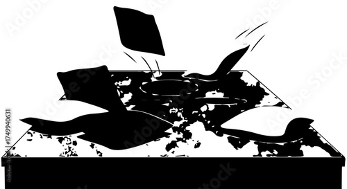 Abstract Black and White Illustration of a Crumpled and Torn Box with Debris.
