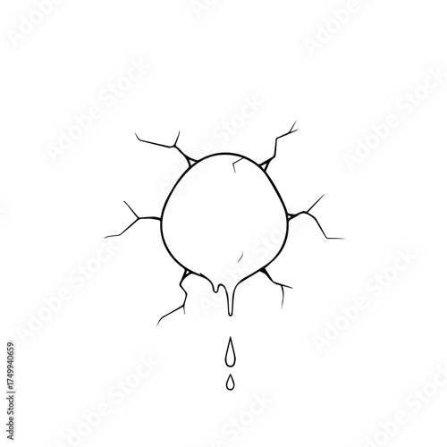 Abstract Black and White Illustration of a Cracked Sphere with Dripping Liquid.