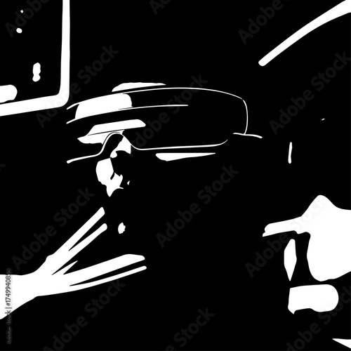 Abstract Black and White Illustration of a Person Wearing VR Headset.