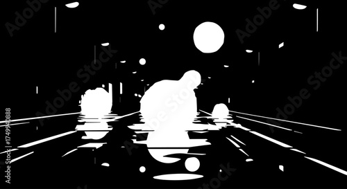 Abstract Black and White Illustration of a Road with Reflections and Lights.